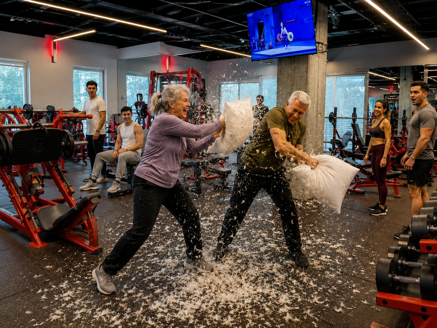 Older adults having a playful pillow fight in a gym, surrounded by fitness equipment. מבוגרים פעילים בקרב כריות משעשע בחדר כושר, לצד ציוד אימון.